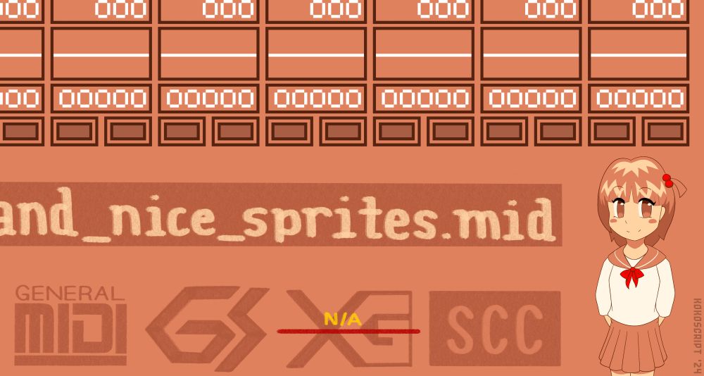 redraw of the anime girl mascot that appears in the bottom corner of gxscc (midi synth software emulating konami's scc sound chip). next to her is cut-off text showing the name of the loaded file, in this case, "scary_monsters_and_nice_sprites.mid"