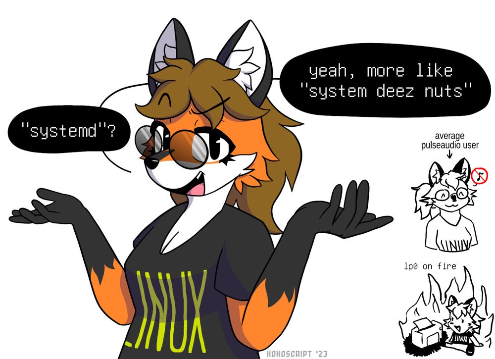 illustration of xenia, an unofficial fox mascot for linux. she's shrugging with a smug emotion, and speech bubbles around her read ''systemd?' yeah, more like 'system deez nuts''