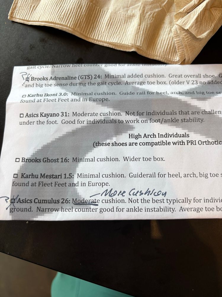 Partial list of approved shoes and the two my physical therapist recommends for me for running 
Brooks Adrenaline GTS 24 and Asics Cumulus 26. The folks at specialty running shops are better than nothing, but having access to a top physical therapist really enhances running and fitness. 