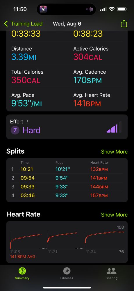 Run Dashboard for 3.39 miles. Warm up mile then speed work. Finally did a sub 10” min/mile average 