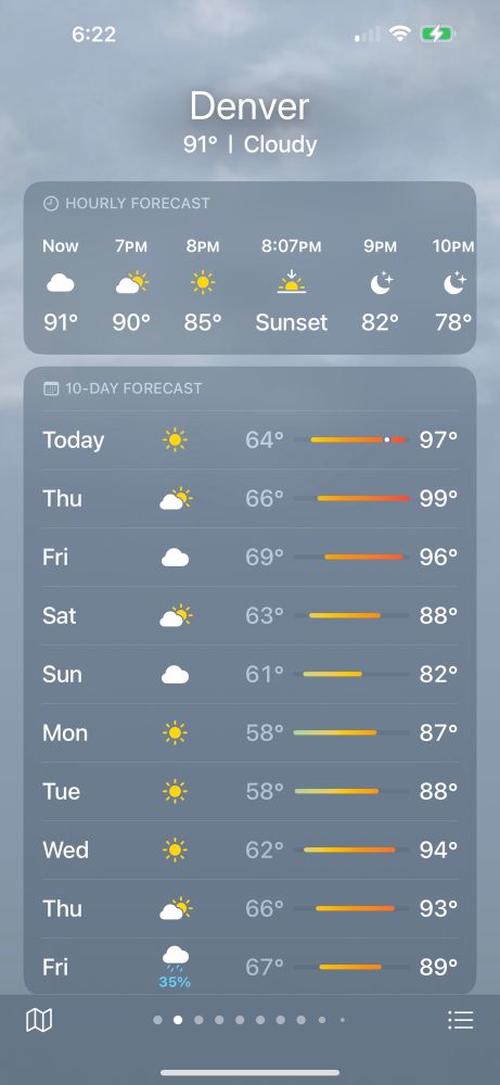 Screenshot of Denver’s weather forecast taken yesterday. Highs close to 100F thru Friday. 