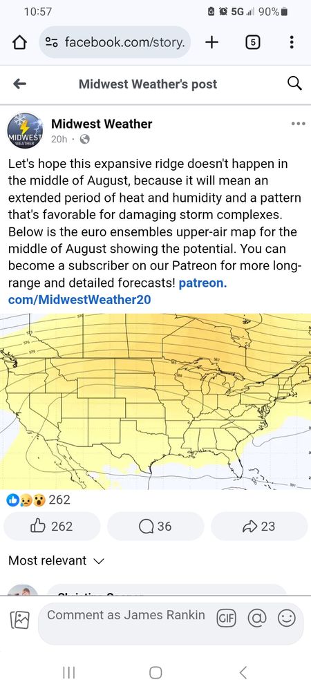 Screen grab of a Facebook post predicting doom and gloom of hot and humid weather in August. Where is my shocked face and fainting couch.
