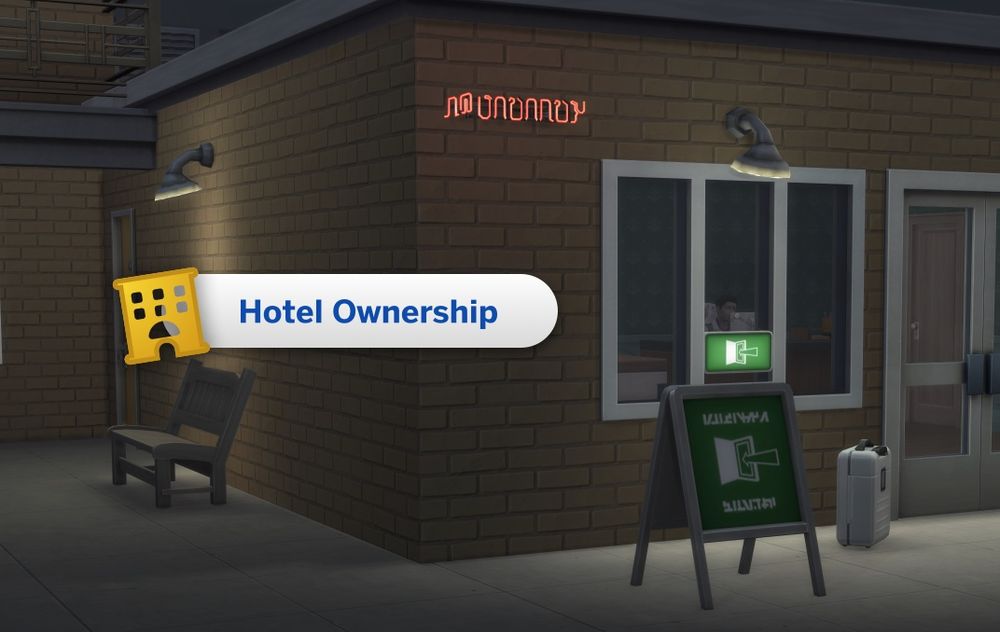 A screenshot of a motel at night with a No Vacancy illuminated neon sign, a wall and floor variant of the Open for Business! Signs, and a graphic on top of a sims 4 pie menu item that says Hotel Ownership with the Suite Life hotel icon.