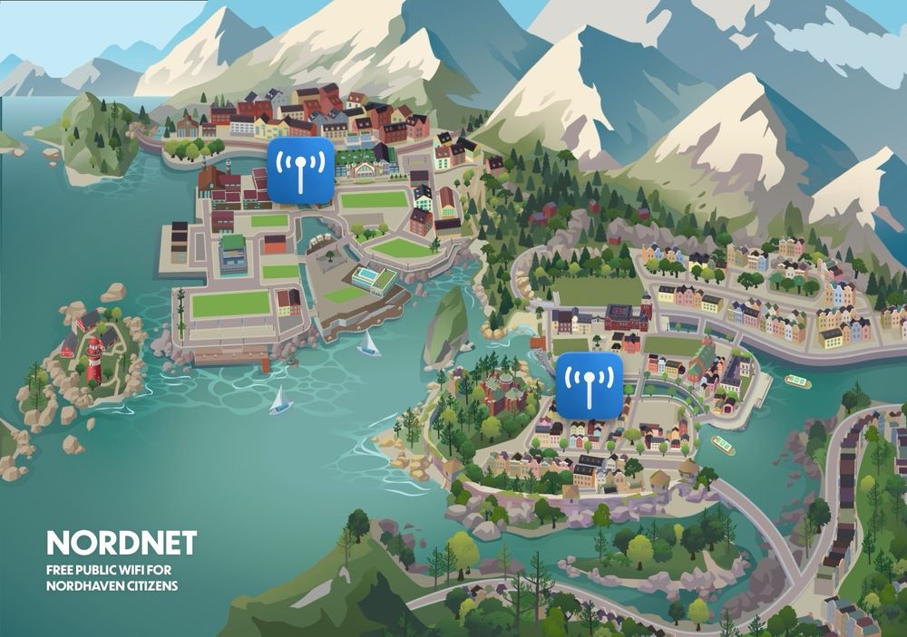 Map of Nordhaven world in The Sims 4. Both neighborhood have the Simzlink Free Public Wifi glyph. "Nordnet: Free public wifi for nordhaven citizens"