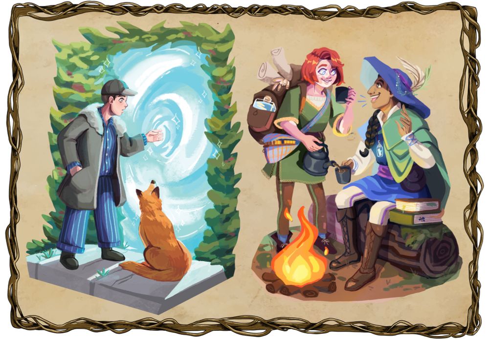 Teen and fox entering portal. Characters share tea beside campfire 