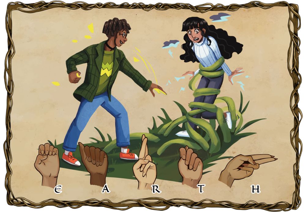 Teens sparring with magic. ASL alphabet EARTH