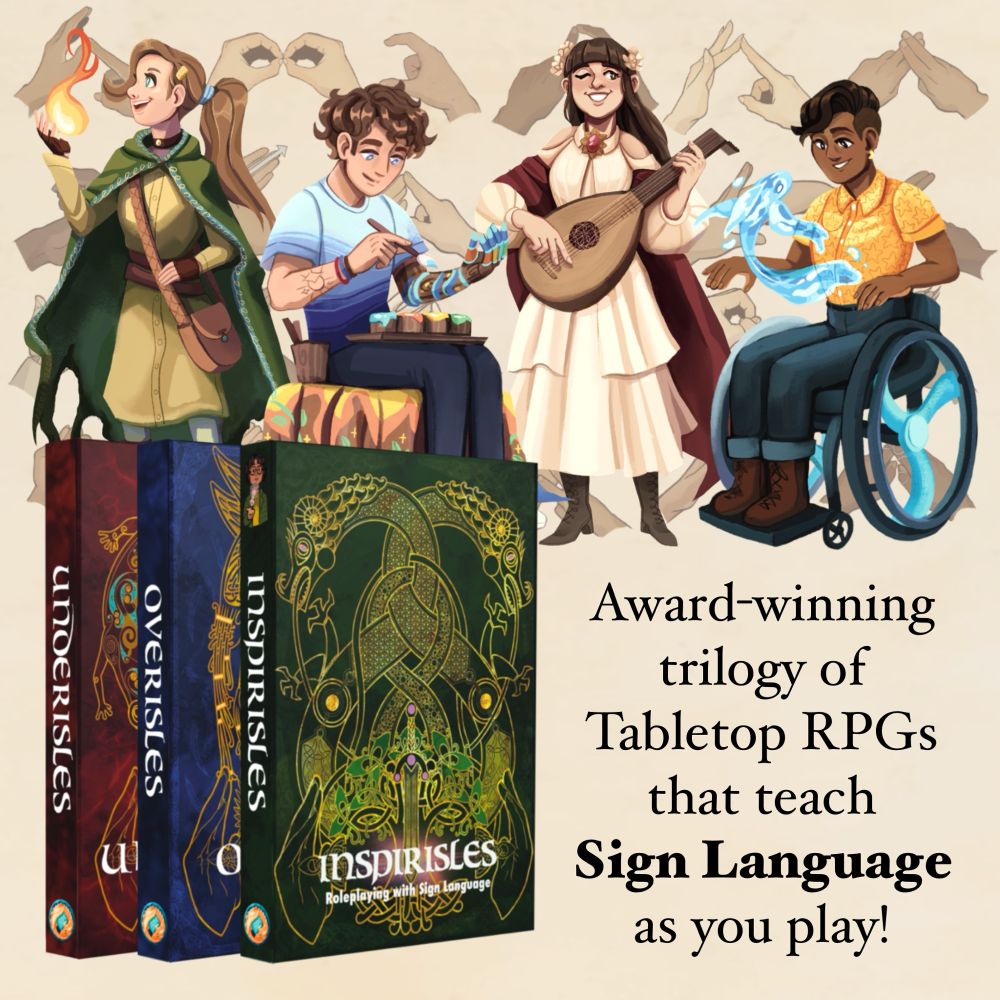 Characters casting Fire and Water spells. Another painting a prosthetic arm, and the last plating a lute. trilogy of hardcover books with Celtic knot covers 