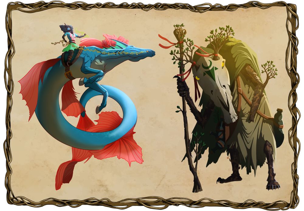 Kelpie (giant seahorse) with rider. Creepy humanoid with horses skull head 