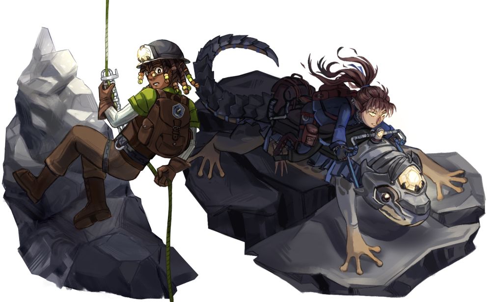 Teenager scaling rockside with rope. Wears helmet with crystal. Fey character riding giant salamander.