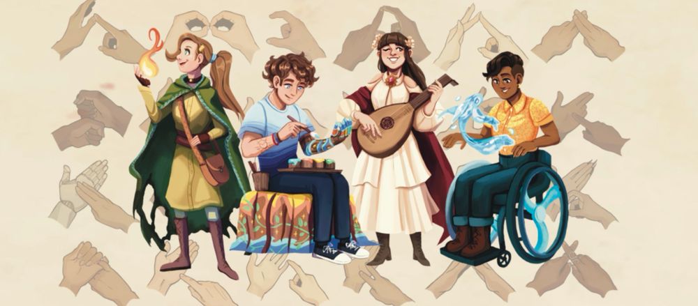Teen characters wielding fire spell, painting prosthetic arm, playing the lute, and conjuring a water fish. BSL alphabet in the background. 