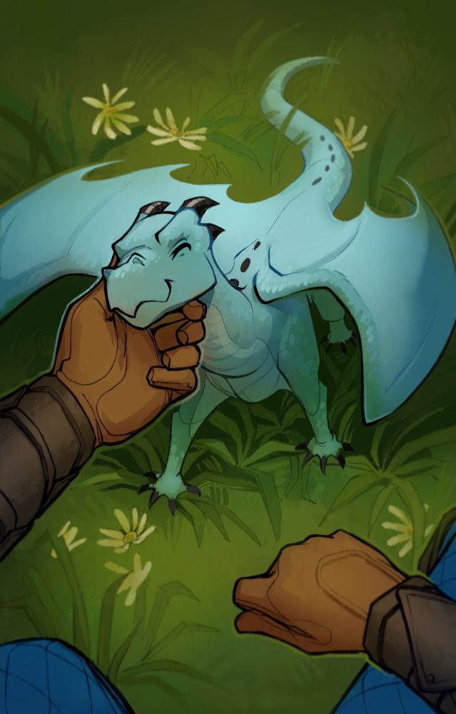 Baby green dragon being petted 