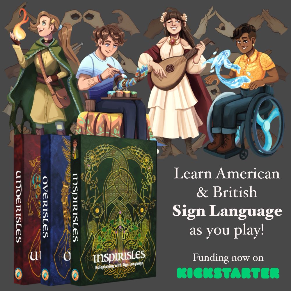 Teen characters casting spells, painting a prosthetic arm, and playing a lute. 
Hardcover trilogy mockups in foreground. 