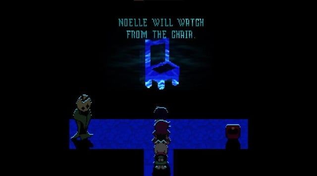 Edited screenshot of Deltarune Chapter 4, where the party (Kris, Susie, and Ralsei) is in front of a prophecy board stating "Noelle will watch from the chair." There is a Wafer NPC and a chest in the room.