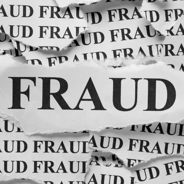 The word 'fraud' printed on multiple bits of torn paper.