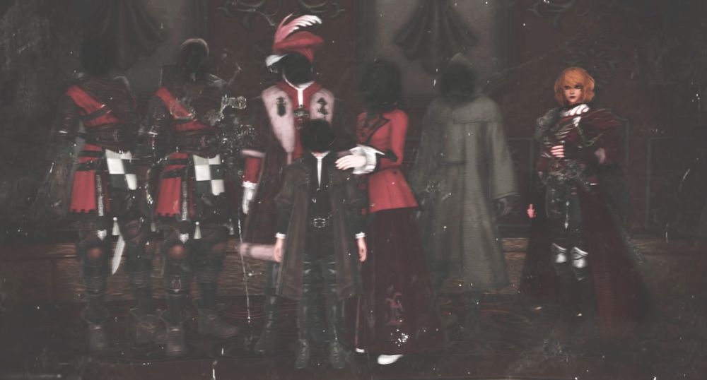 An old group picture. There is a deep black void in lieu of each person's face, except for Melora.