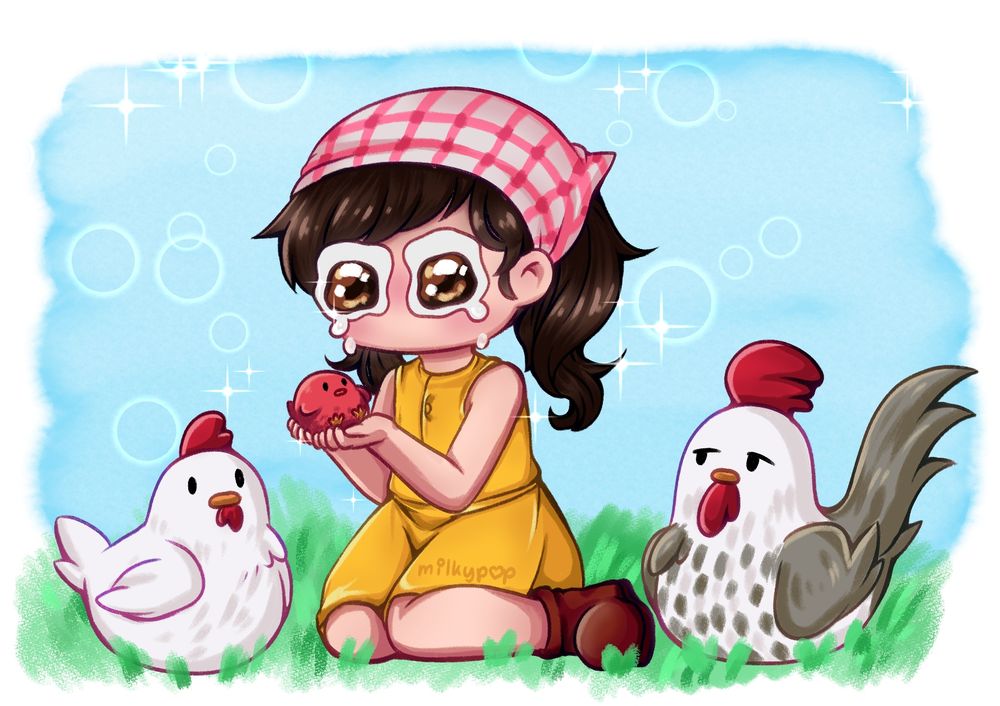 A fan art of the videogame "Fields of Mistria". The custom player character sits in the grass, surrounded by a grown chicken and rooster, while gently holding their baby chick and looking at it adoringly, moved to tears.