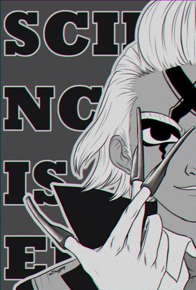 Fanart of Xeno from Dr. Stone, crossing his fingers in an X shape. The text in the background is partially obscured by him, reading "Science is elegant"