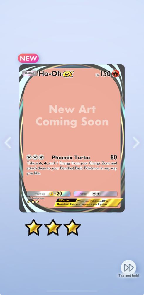 A screenshot of Pokémon Trading Card Game Pocket showing a Ho-Oh ex card with no art but the text “New Art Coming Soon”