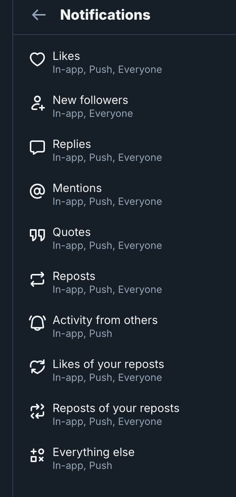 per-type notification settings (Likes, New Followers, etc)