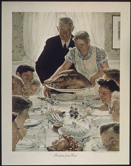 a woman is setting a large turkey on the table while others converse with each other (Freedom from Want by Norman Rockwell)