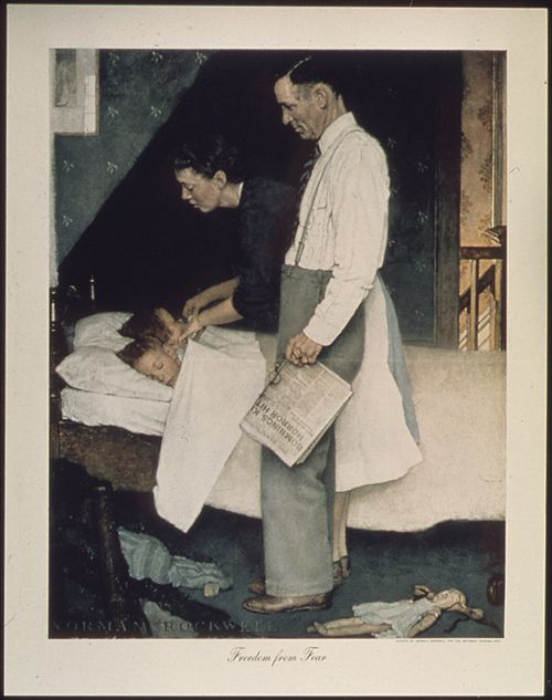 woman tucks two children into bed while man watches with a folded newspaper in hand (Freedom from Fear by Norman Rockwell)