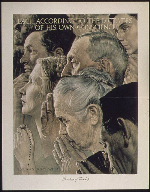 collection of people in prayer (Freedom of Worship by Norman Rockwell)