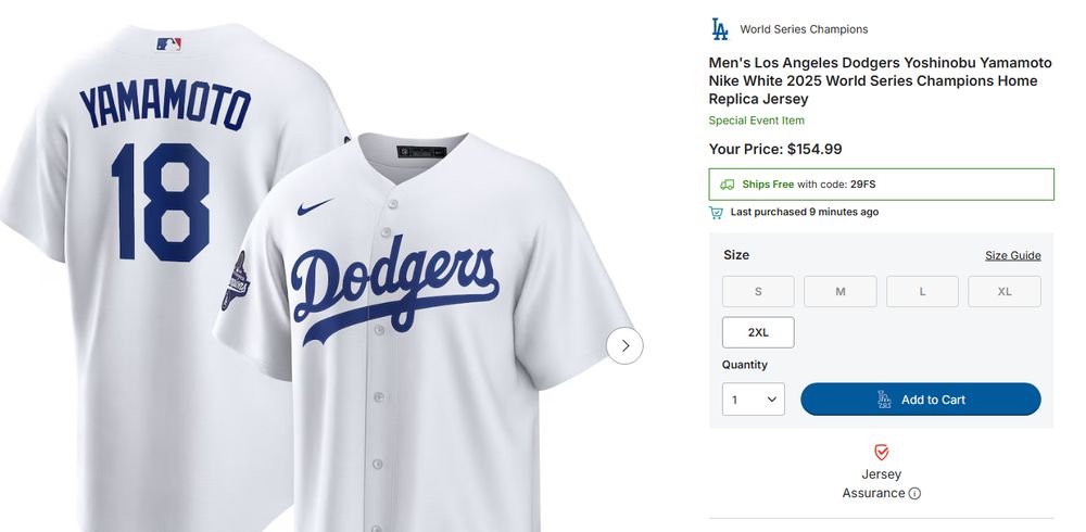 Screenshot of a page for a Yamamoto 18 jersey for hte Dodgers. The only available size is 2XL.