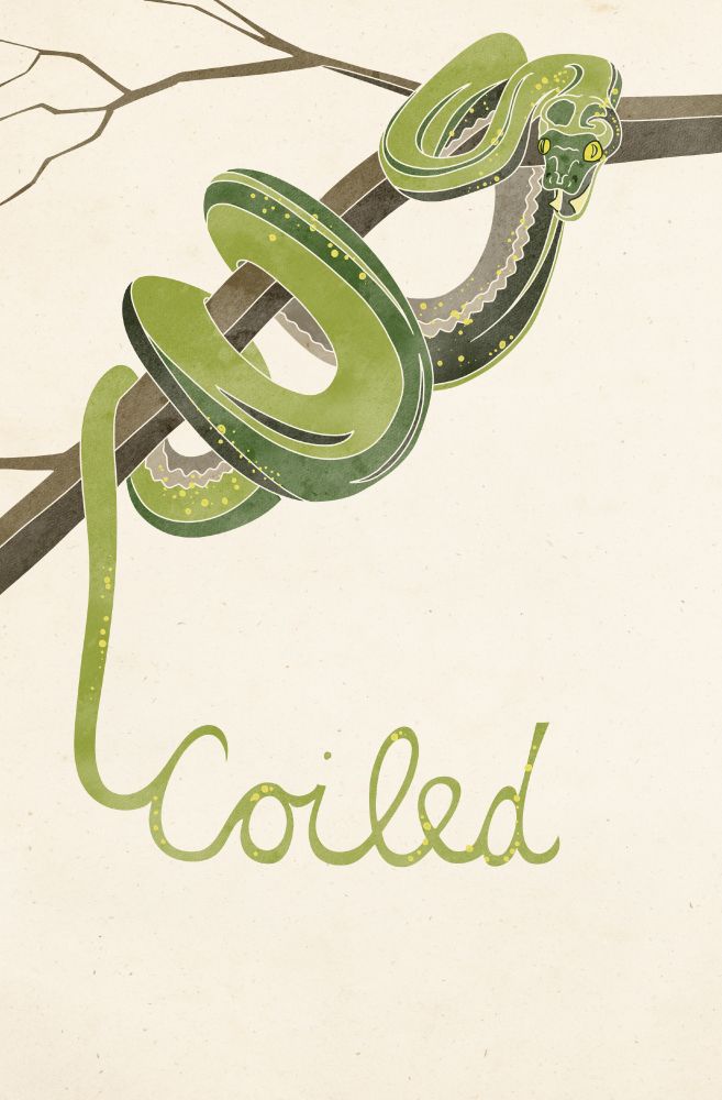 Front cover art illustrated by me, a python coiled around a tree, in various greens, browns and yellows. 