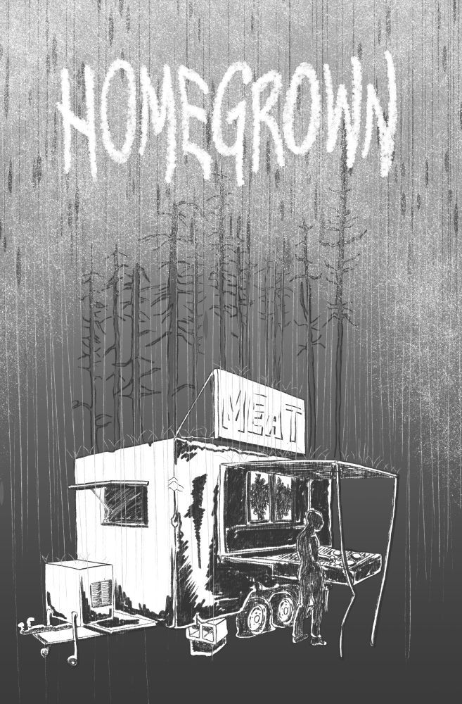 Book Cover art, by me; Black and white and gray tones; a ratty food truck in an apocalyptic acid rain storm, a silhouetted figure grilling beneath a collapsing shelter top. The title reads "HOMEGROWN"