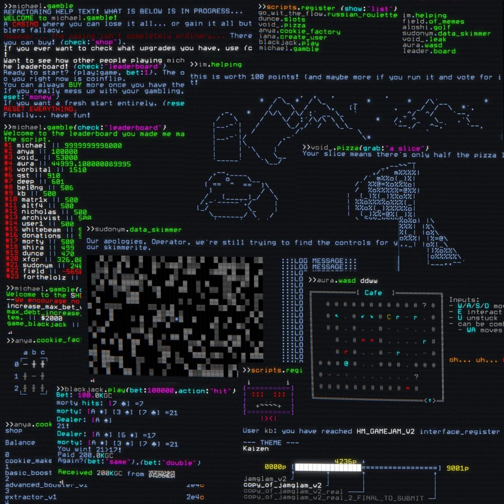 a busy collage of screenshots showing player-made games in hackmud for the hackmud game jam v2