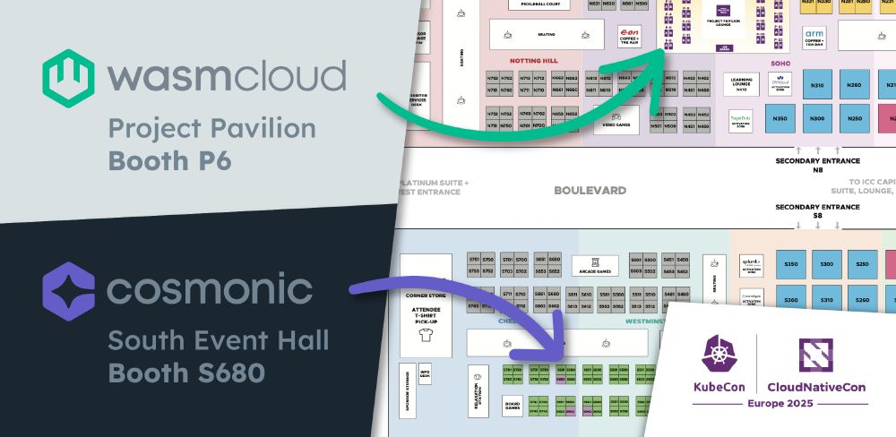 Image shows two maps to 2 event booths - Cosmonic and wasmCloud - at KubeCon EU, a major technology event taking place in London this week.