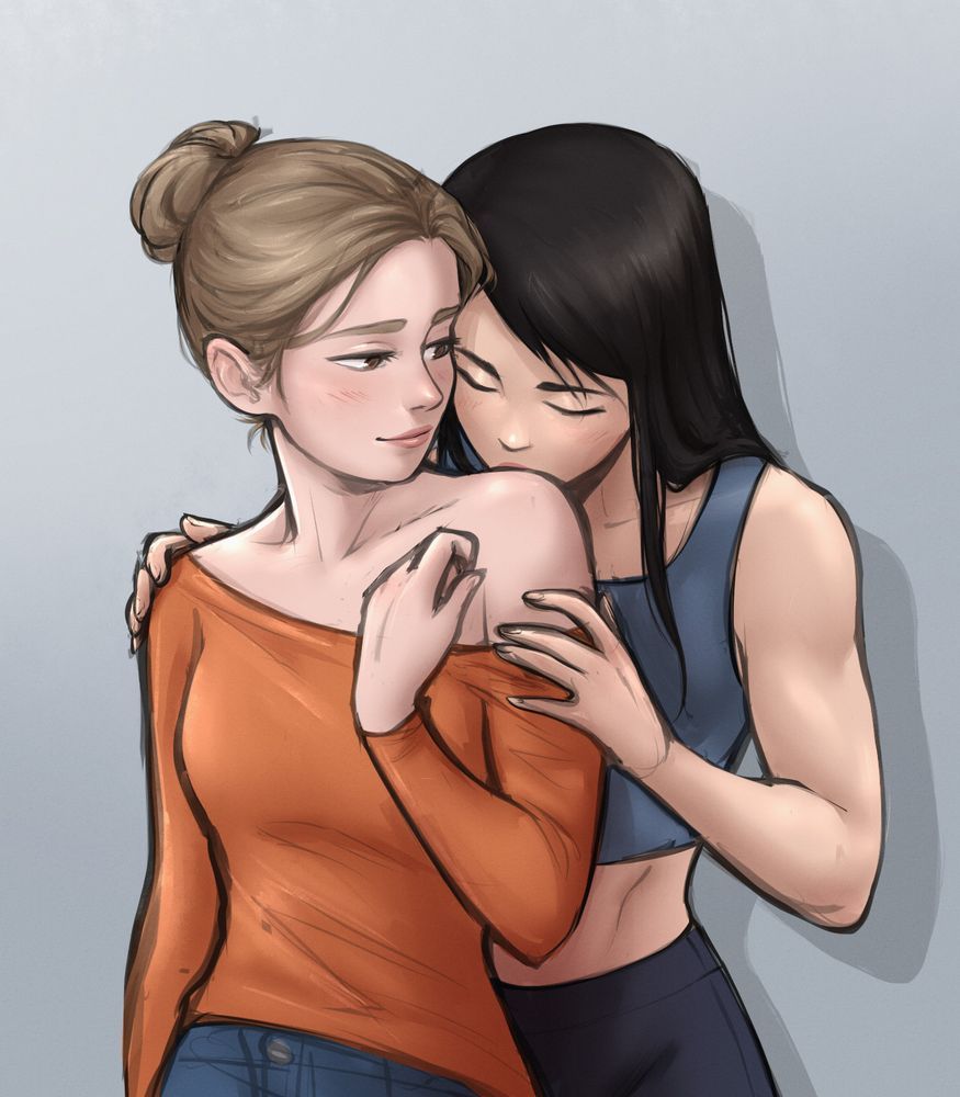 A colored digital sketch of two women. On the left is Erika (fair-skinned, brown eyes, light brown hair tied in a messy bun, orange shirt, blue jeans). On the right is Abby (light/warm complexion, long dark straight brunette hair, gray-blue crop tank top, dark blue leggings). Erika looks somewhat coyly over her shoulder at Abby as Abby kisses her shoulder and teases down the collar of her boatneck shirt.