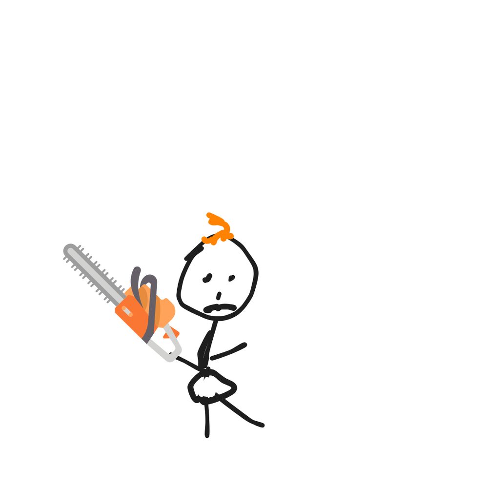 An MS Paint drawing of a baby with a sad face and a curly-q of ginger hair on her head. She has a clip art chainsaw