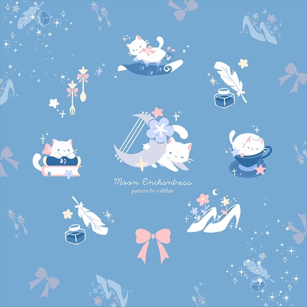 An illustration pattern with dusty blue background, featuring a white cat with ink scroll, cup, books, and a moon shaped lyre.