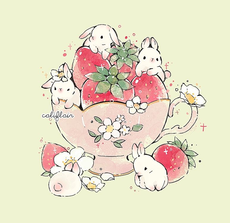 Illustration of a soft pink tea cup full of strawberries, tiny white bunnies, and flowers.