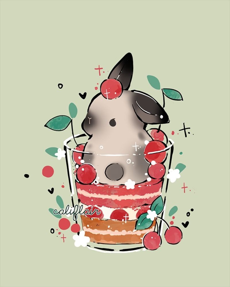 An illustration of a small spotted bunny sitting on a glass of cherry jam, cream, and biscuit crumbles.