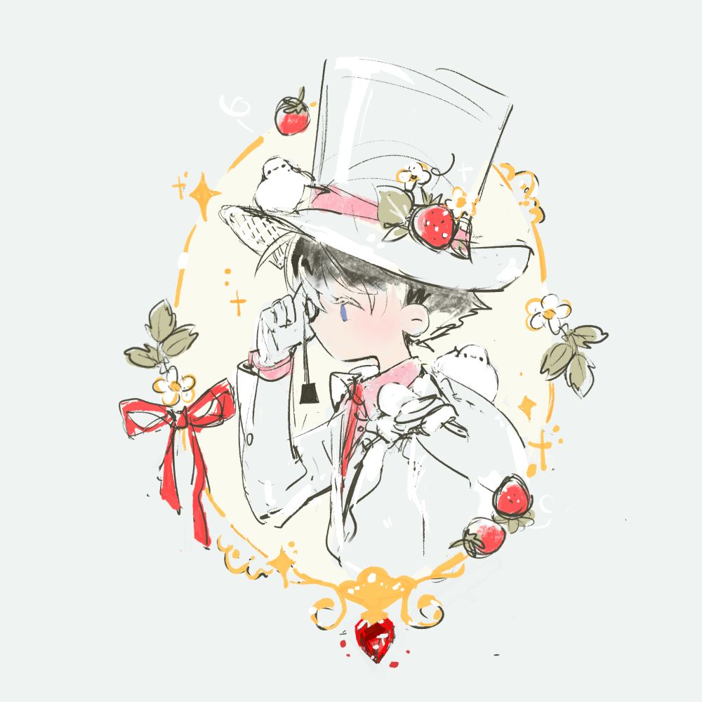 A sketchy illustration of Kaitou Kid. His side profile is framed by a whispy yellow, oval picture frame full of strawberries, white flowers, and red bows. Kid is dressed in a white blazer, pink dress shirt, red tie, and a white top hat decorated with pink bow & strawberries. A white dove sits on the rim of Kid's hat, and a second white dove sits on his white cape.
