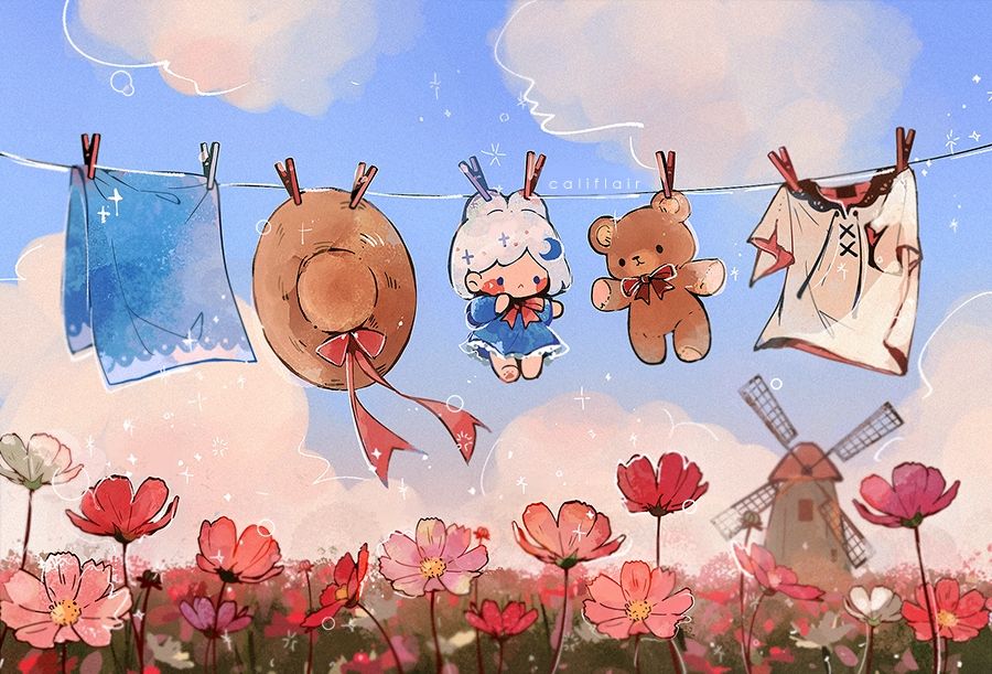 An illustration of a pink cosmos field. A string of laundry is hanging against the blue sky, including a blue towel, a brown straw hat, a white T shirt, and two friends---a white-haired sprite plushie and a brown teddy bear plush. A windmill is shown in the background.
