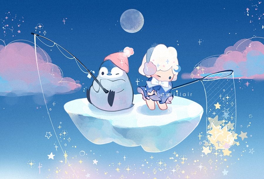 An illustration of a baby penguin and a white-haired moon sprite on a glacier island floating in a blue-pink dusky sky. The penguin has a pink winter hat on, and is holding a fishing rod to catch a star. The sprite is dressed in a blue dress, white bow on her neck, and bunny earmuffs. She's holding a fishing net full of stars.
