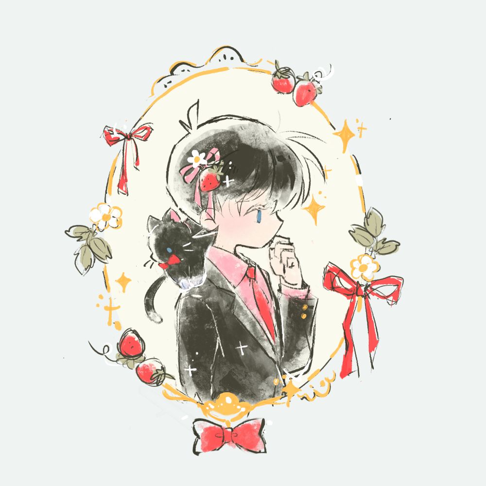 A sketchy illustration of Kudou Shinichi. His side profile is framed by a whispy yellow, oval picture frame full of strawberries, white flowers, and red bows. Shinichi is dressed in a black blazer, pink dress shirt, red tie, and a strawberry hair pin. A tuxedo cat with a red bow tie sits on his shoulder.