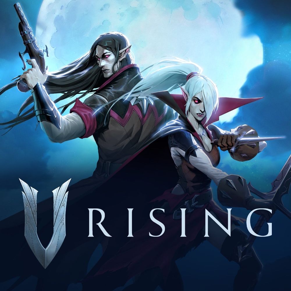 Two vampires look menacingly towards camera, with the full moon shrouded in clouds behind them. They bear weapons. The title 'V Rising' is written in the foreground.