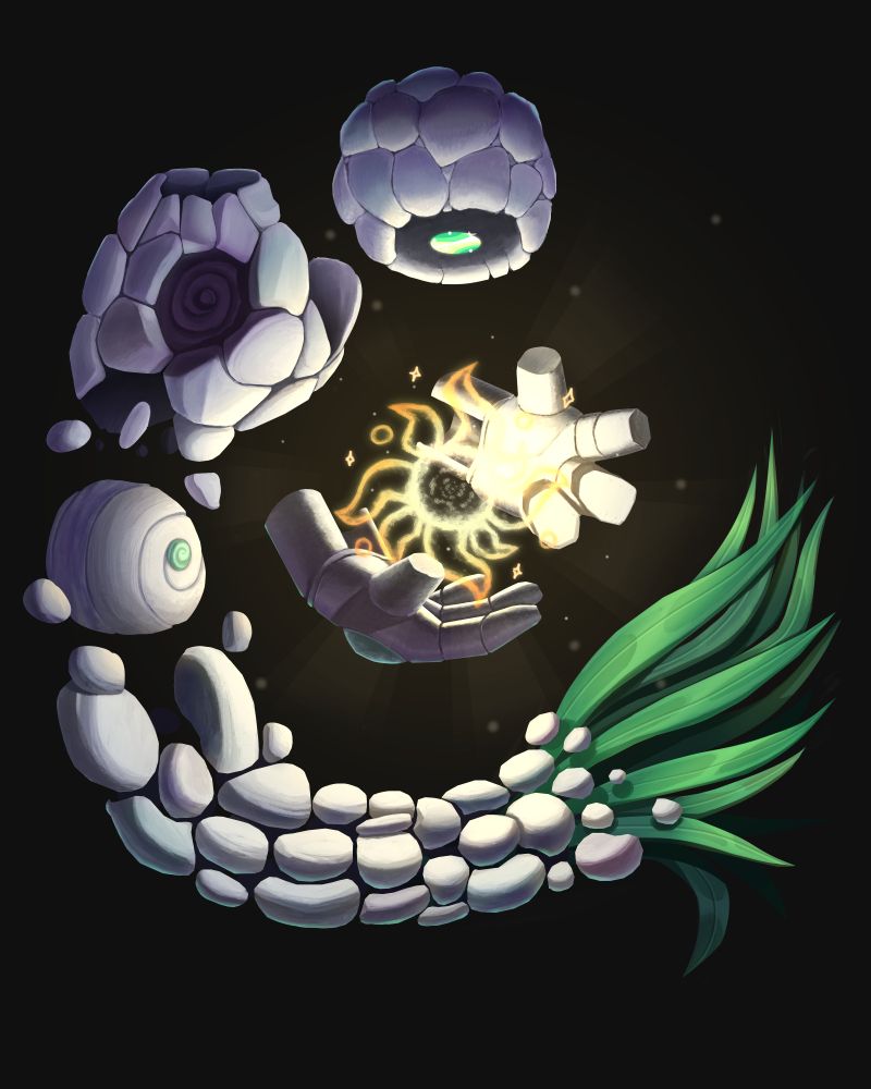 Siren-looking stone golem holding a sun bubble 