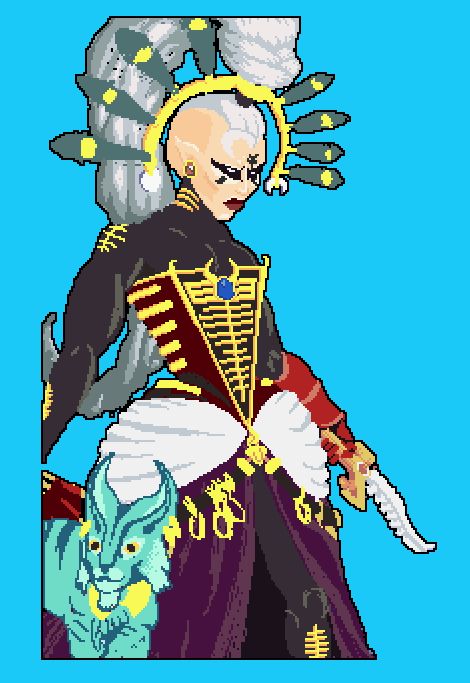 medium res pixel art portrait of yvraine and her cat from warhammer 40k in an animated style