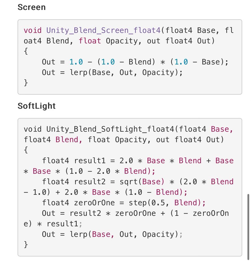 Unity’s docs for the Blend Node showing example implementations of the Soft Light and Screen blending modes
