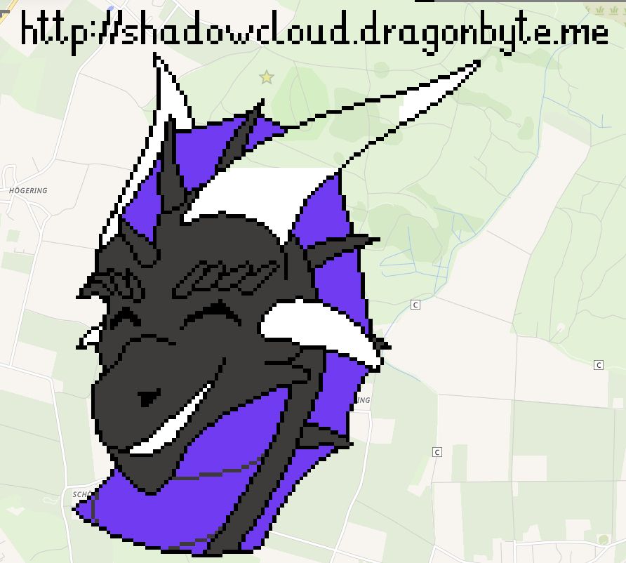 Pixelart on Wplace.live of a dragon with black scales and purple accents going ^_^ with a website link at the top: http://shadowcloud.dragonbyte.me