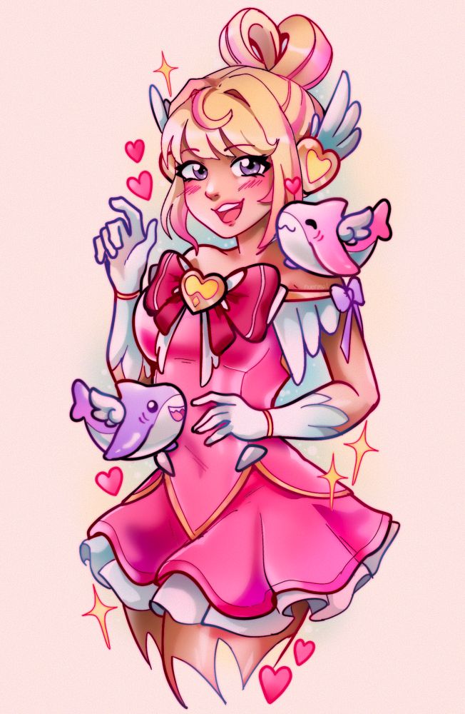 A digital drawing of the character Juno from overwatch 2. She is wearing her mythic costume which is inspired by magical girls. She has cute little sharks with wings, one is by her right shoulder and nuzzling her, the other is below her left arm looking up. Juno is smiling/laughing and is surrounded by hearts and sparkles.