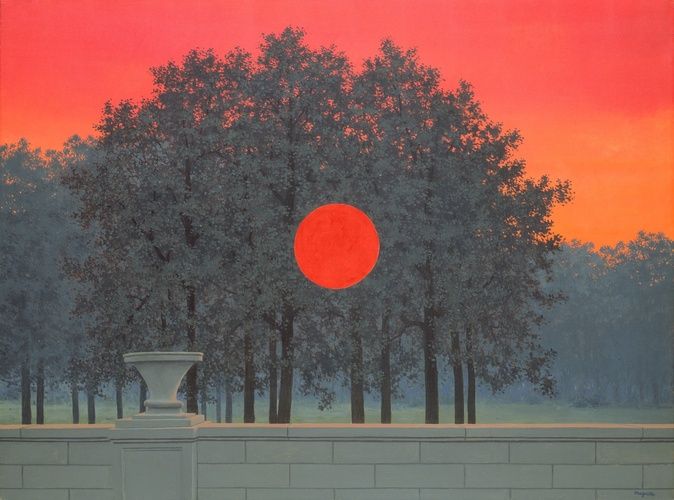 This canvas is the last, largest, and most impressive of four oil paintings of this title; the three other paintings are all dated to 1957 (ill. 851–52, and p. 272, no. 857). There are also five versions of this image in gouache, starting in 1956 and extending to 1964 (ill. In ibid., vol. 4, 1994, p. 193, no. 1421, p. 198, no. 1429, p. 273, no. 1563, and pp. 275–76, nos. 1566 and 1568). Magritte first realized the idea and conceived the title for this series in the first of these gouaches completed in 1956 shortly after he announced to Mirabelle Dors and Maurice Rapin, in a letter of November 9, 1956, that "Le Banquet" was one of his latest "finds" (ibid., vol. 3, 1993, p. 267). The little sketch in this letter shows the main motif of the sun visible before a clump of trees set in an unspecified landscape. In the first oil version (as in the earlier related image, The Sixteenth of September, 1956, location unknown; ibid., vol. 3, 1993, p. 254, no. 834, ill., which shows the crescent moon on a large tree), the clump of trees is set in a meadowlike clearing dotted with large stones. In the second oil version of The Banquet, as in the Bergman canvas, the woodland glade is replaced with a stone parapet or balustrade, whose top is lit by the sun's rays. This feature suggests a parklike setting, a domesticated concept of nature suited to Magritte's deadpan, realist style. The proportions of the objects in relation to one another also differ from canvas to canvas; in the picture under dis­cussion, the sun looms larger in relation to the trees than in other versions and appears therefore closer to the viewer. It is interesting that, although the motif in essential respects is identical, significant variations mark each version as a distinct image. 
 The Banquet series is a development of another se­ries on which Magritte had started working in February 1956 and which he called The Place in the Sun. In these pictures, Magritte focused on the Surrealist idea of displacement, but with a particular twist. One object was superimposed on another larger one to which it was unrelated. The original series included an image of a seated scribe superimposed on an apple (ibid., vol.  3, 1993, pp. 252–53, no. 833, ill.) and Sandro Botticell’s Primavera silhouetted against a figure in a bowler hat seen from behind (ibid., vol. 3, 1998, p. 258, no. 837, ill.). Magritte's approach in these pictures resembled what he referred to as "Objective stimulus,'' a term he applied to those instances in which he replaced an object familiar to a particular context with one related to it but out of place, as he did in his 1933 painting Elective Affinities of a huge egg in a birdcage (Paris, E. Perier; Sarah Whitfield, Magritte, London, The Hayward Gallery, 1992, exh. cat., no. 60, ill., n. pag.). As he explained to Rapin, The Place in the Sun is if you like an 'Objective stimulus' with the difference that the image which comes 'on' another has a still greater charge of strangeness (ibid., vol. 3, 1993, p. 253). In a subsequent letter to Dors and Rapin, Magritte wrote of The Sixteenth of September, "I have continued with my 'Places in the Sun' but by now the title is no longer suitable for a big tree in the evening with a crescent moon above it!" (ibid., vol. 3, 1993, p. 254). The object that would have been hidden (crescent moon, sun) is now visible, hiding part of the object that would have hidden it. 
 These works are striking examples of Magritte's interest in the categories of the visible and the invisible. In a letter to André Bosmans of September 25, 1964, Magritte explained:
 
With regard to "the invisible," I understand that which is not visible, for example; heat, weight, pleasure, etc. There is the visible that is seen: the apple on the face in The Great War, and the visible that is hidden: the face hidden by the visible apple. In The Banquet the sun hidden by the curtain of trees is, itself, visible (René Magritte, Lettres à André Bosmans, 1958-1967, ed. by Francine Perceval, Brussels, 1990, p. 383).

According to the above criteria, the sun hidden by trees is an example of the "visible that is hidden." In the Banquet series, Magritte carried the implications of these reflections one step further: he actually rendered the sun visible by creating a visual conundrum, in which the sun is not displaced from its customary context, but rendered strange. 
 At this time Magritte seems to have been interested, moreover, in the varying quality of light at different times of day. Of the second version of The Sixteenth of September (1956, Antwerp, Koninklijk Museum voor Schone Kunsten; ibid., vol. 3, 1993, p. 257, no. 836, ill.), he wrote to Dors and Rapin on August 6, 1956: "I have just painted the moon on a tree in the gray-blue colors of evening" (ibid.). In the Bergman version of The Banquet, the strong red glow of the setting sun is framed by the darkening landscape, a naturalistic effect that further dramatizes the "charge of strangeness" (Magritte, quoted in ibid., vol. 3, 1993, p. 253). 
 The Bergman painting also has a strong formal quality, with the sun as a pure circle in the center, balanced by the strong architectural horizontal of the balustrade. In this respect, the picture recalls Max Ernst's Forest series of the late 1920s (Ernst Katalog, vol. 3, pp. 180-209, nos. 1140-96, ills.), where the circular forms of sun or moon work pictorially in both an abstract and figurative sense. 
–Entry, Dawn Ades, Surrealist Art: The Lindy and Edwin Bergman Collection at the Art Institute of Chicago (Chicago: Art Institute of Chicago, 1997), pp. 172–74, cat. 86.

Lindy and Edwin Bergman Collection