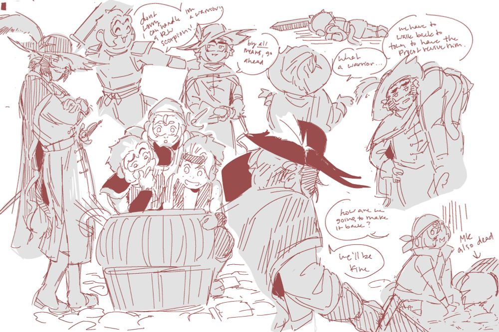 An array of doodles inspired by my playthrough of Final Fantasy 1 so far. Finding the crown. Along with a bit about Sun Wukong, a glorious warrior, utterly failing at his job due to poison damage.... Along with Macaque then deciding to use swk's weapon instead bc it does better damage than his own BAHAHAHAH