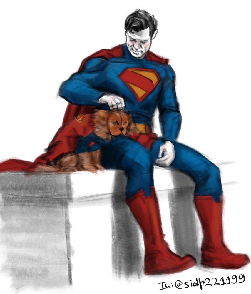 A soft, rough sketch of David Corenswet in the Superman costume. He is sitting off the edge of a building. He is looking down to his side, where a small dog (modelled after Corenswet's real life dog) is sitting beside him. He is petting the top of the dog's head, smiling. The artwork is coloured with a simple red, blue, and yellow scheme, with some light red blush added for the face.