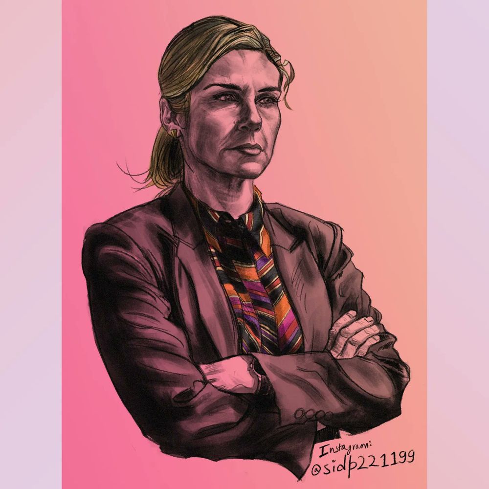 A portrait of Rhea Seehorn as Kim Wexler. The portrait is made in black and white and placed on a pink-peach gradient. Her blond hair and orange, purple, red, and gold shirt provide a pop of colour